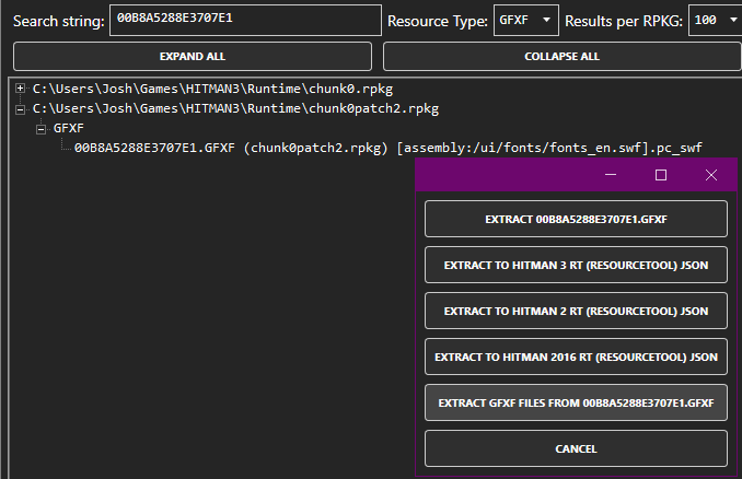 Screenshot showing RPKG Tool&#39;s context menu for GFXF files