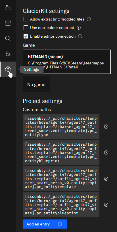 The project paths in GlacierKit settings.